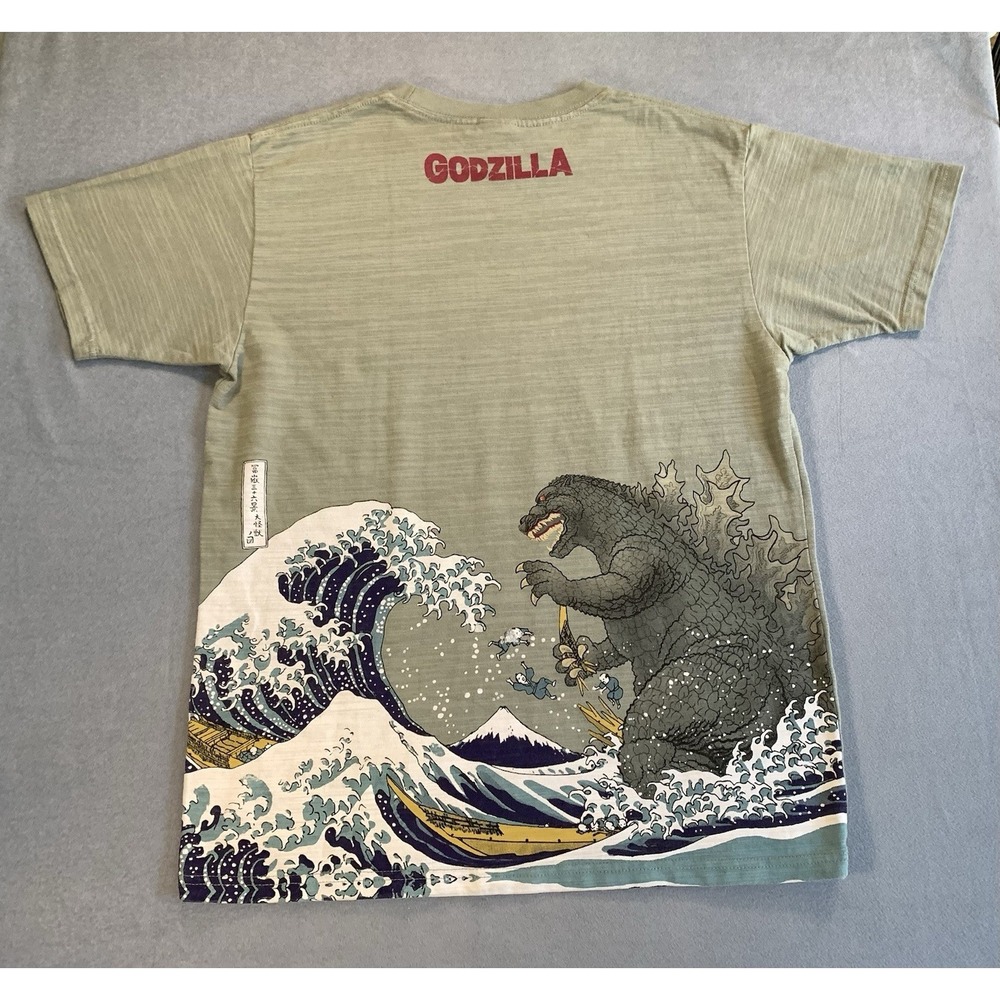 Rare TOHO Godzilla Great Wave Off Kanagawa T-Shirt Large Grey Cotton Japan